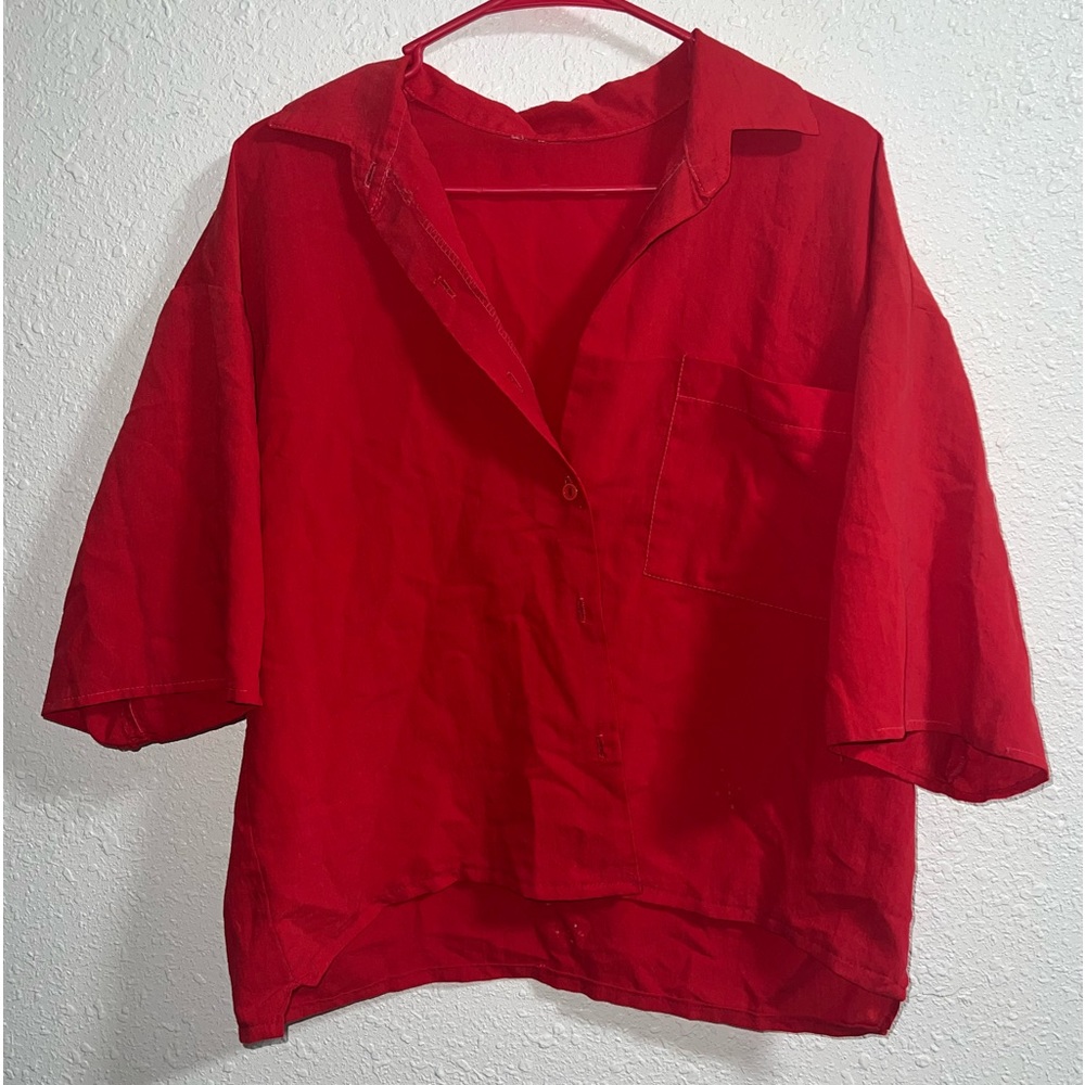 red cropped button down shirt